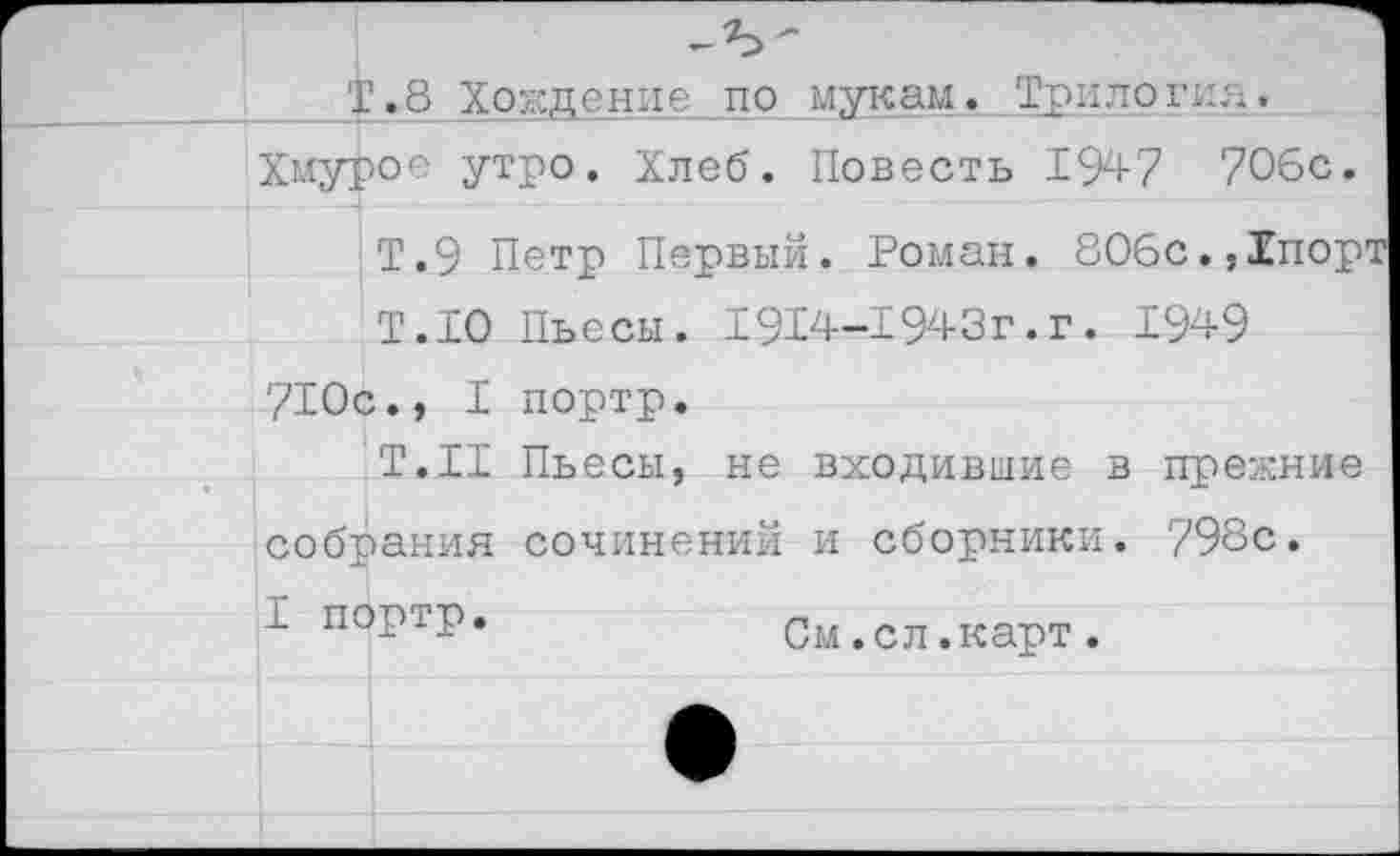 ﻿Т. 8 Хождение по мукам. Трипо гия. Хмурое утро. Хлеб. Повесть 1947 706с.
Т.9 Петр Первый. Роман, 806с.,1порт
Т.10 Пьесы. 1914-1943г.г. 1949 710с., I портр.
Т.Н Пьесы, не входившие в прежние собрания сочинений и сборники. 798с.
I портр.	См
.сл.карт.